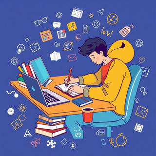 Siswa menulis di meja dengan buku dan laptop