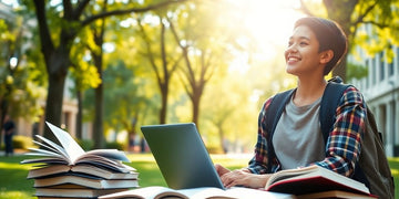 University student studying in a vibrant campus environment.