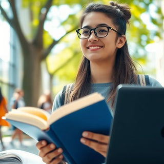 University student surrounded by books and a laptop outdoors.