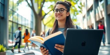 University student surrounded by books and a laptop outdoors.