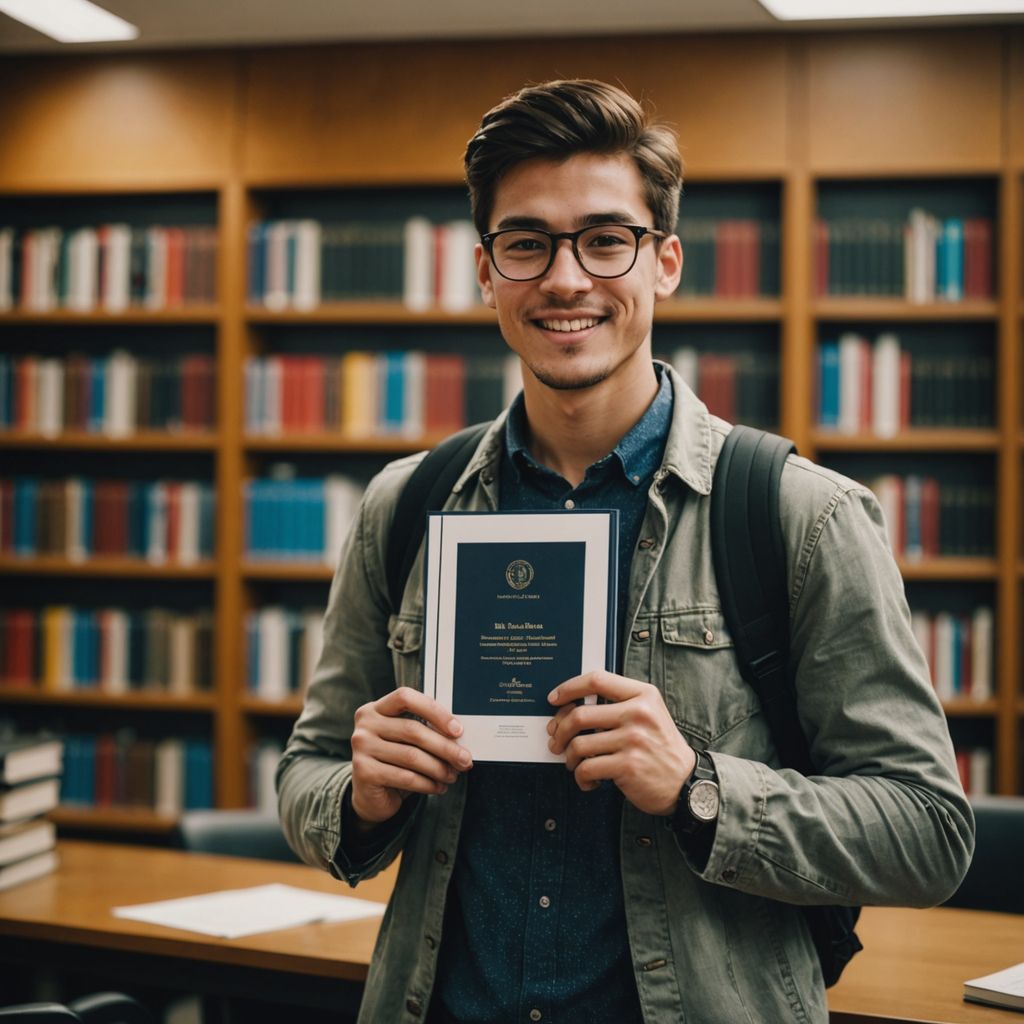 Student celebrating with MBA thesis in library