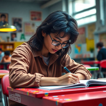 University student writing at a colorful desk, focused.