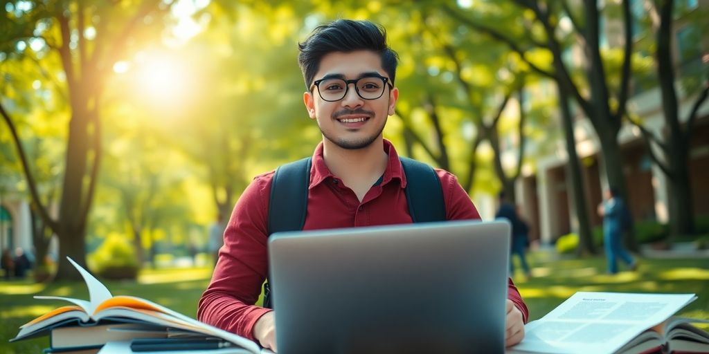 University student in vibrant campus with books and laptop.