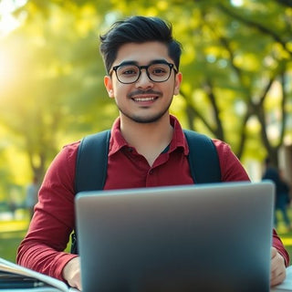 University student in vibrant campus with books and laptop.