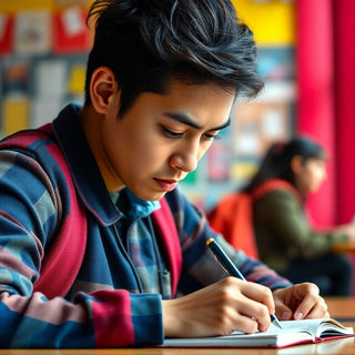 Estudante universitário escrevendo em um ambiente colorido.