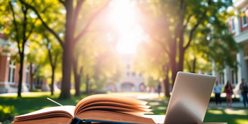 Estudante universitário em um campus vibrante e animado.