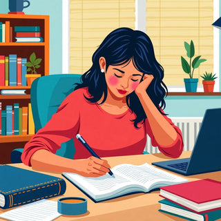 छात्र एक डेस्क पर किताबों के साथ थीसिस लिख रहा है