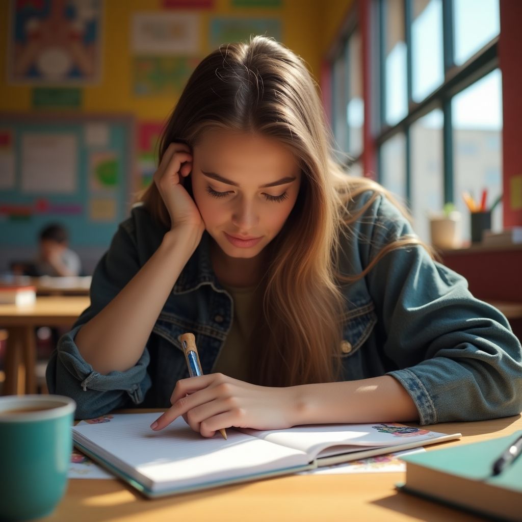 University student writing in a colorful environment.