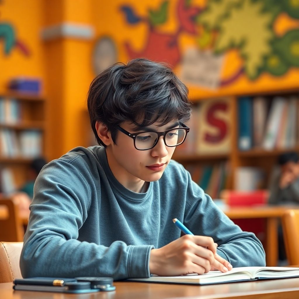 Estudante universitário concentrado na escrita.