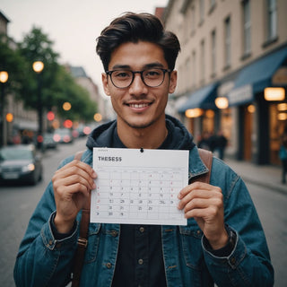 Student celebrating with thesis and 30-day calendar