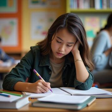 University student writing in a colorful study environment.