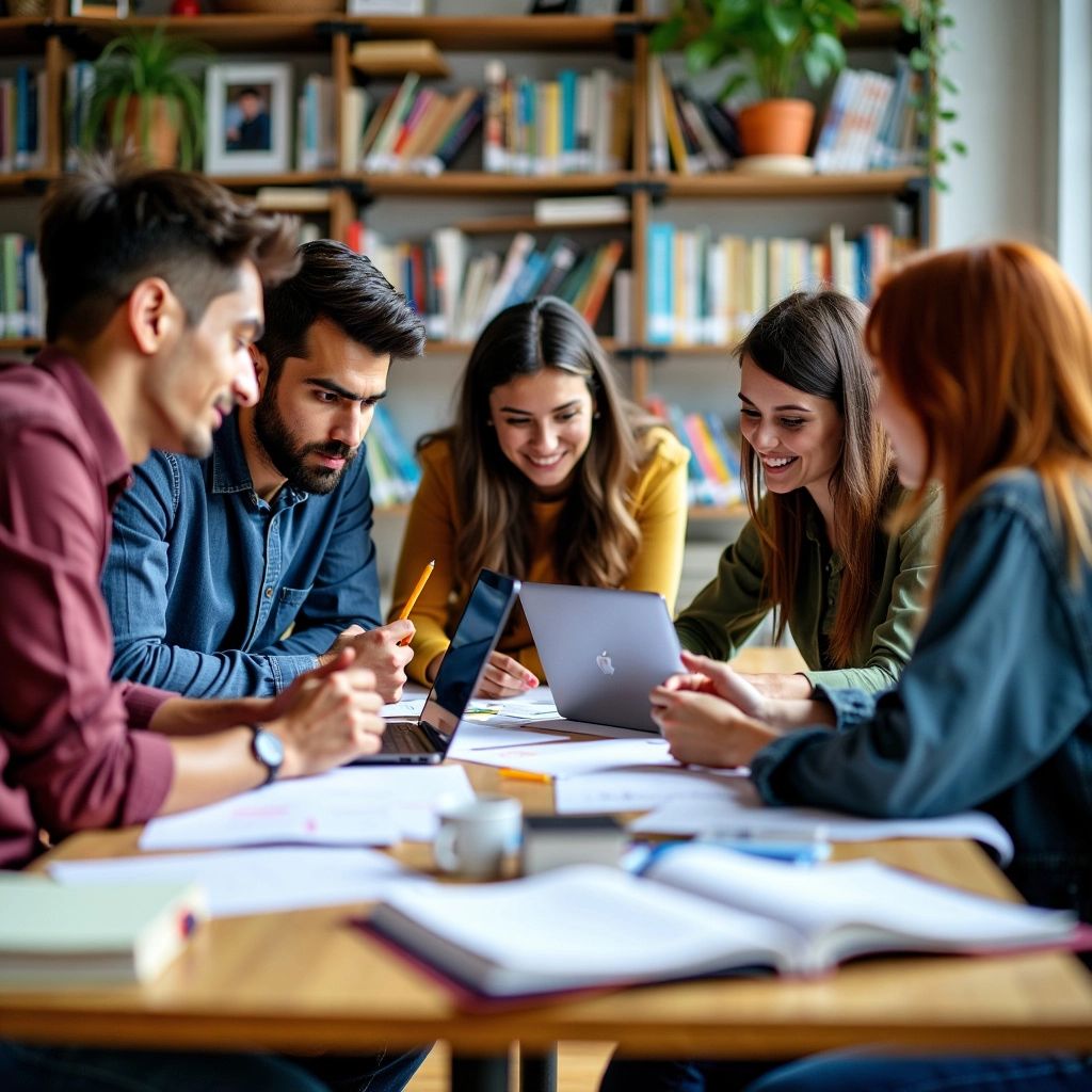 Estudiantes diversos colaborando en la investigación de tesis en una mesa.