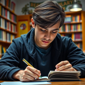 University student writing in a colorful study environment.