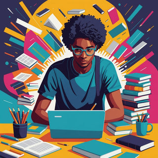 Student working on thesis with books and laptop