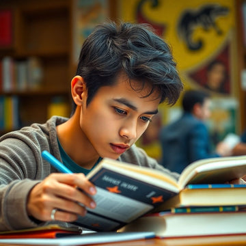 कॉलेज का छात्र अपनी पढ़ाई की गतिविधि में ध्यान केंद्रित कर रहा है।