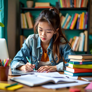 Estudiante organizando materiales de tesis con papelería colorida.