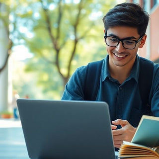 University student in a vibrant campus with books and laptop.