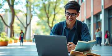 University student in a vibrant campus with books and laptop.