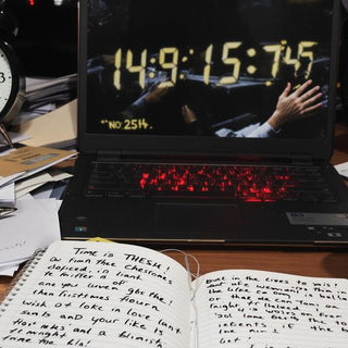 A desk with a laptop, papers, and a ticking clock.