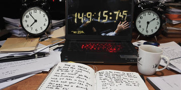 A desk with a laptop, papers, and a ticking clock.