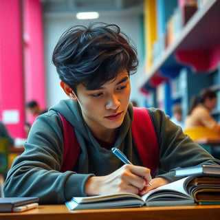 University student writing in a vibrant study environment.