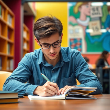 Estudante universitário escrevendo em um ambiente vibrante.