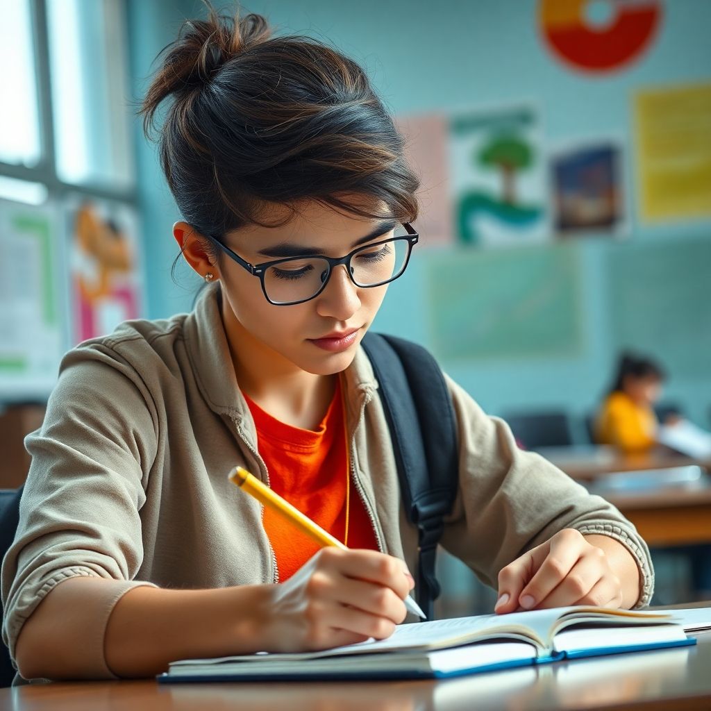 Étudiant universitaire écrivant dans un environnement coloré.