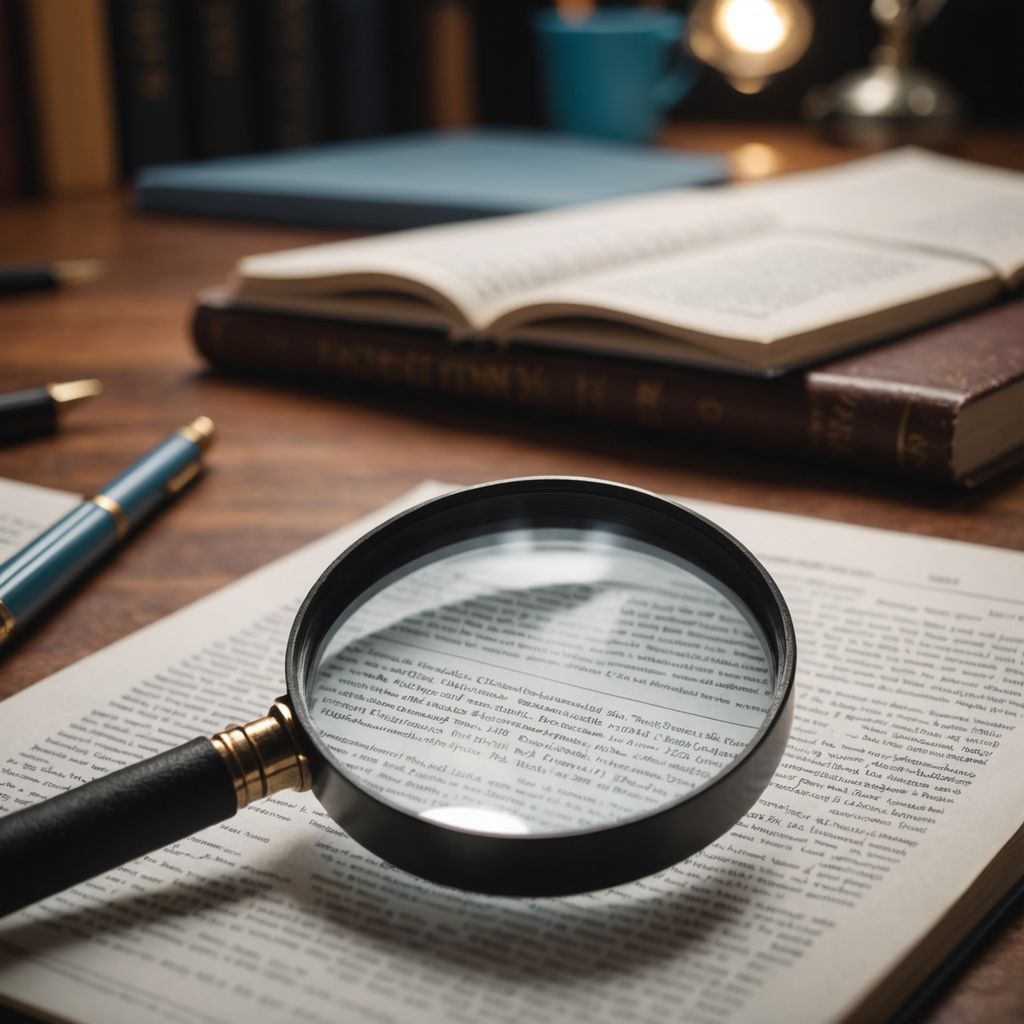 Magnifying glass examining scientific papers and books on desk