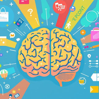 Brain with shopping icons illustrating neuro-marketing concepts.