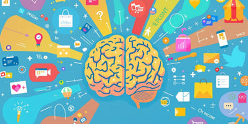 Brain with shopping icons illustrating neuro-marketing concepts.