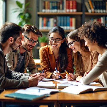 Estudiantes diversos discutiendo literatura y conceptos de tesis.