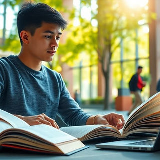 University student studying in a vibrant campus setting.