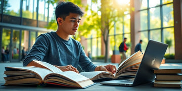 University student studying in a vibrant campus setting.