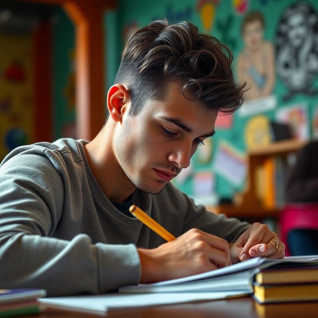 Estudiante universitario escribiendo en un ambiente colorido.