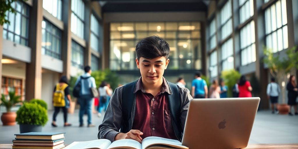 University student in a lively campus with books and laptop.