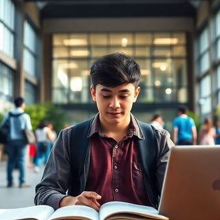 University student in a lively campus with books and laptop.