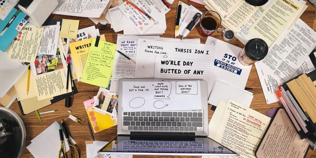 Cluttered desk with laptop and scattered papers.