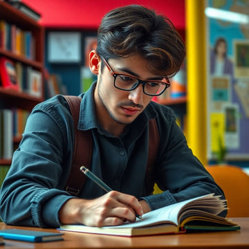 Estudiante universitario escribiendo en un entorno vibrante.