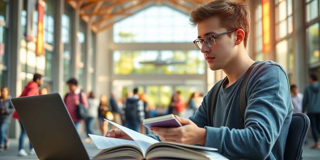 University student studying in a lively campus environment.