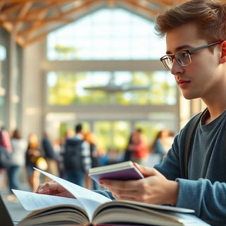 University student studying in a lively campus environment.