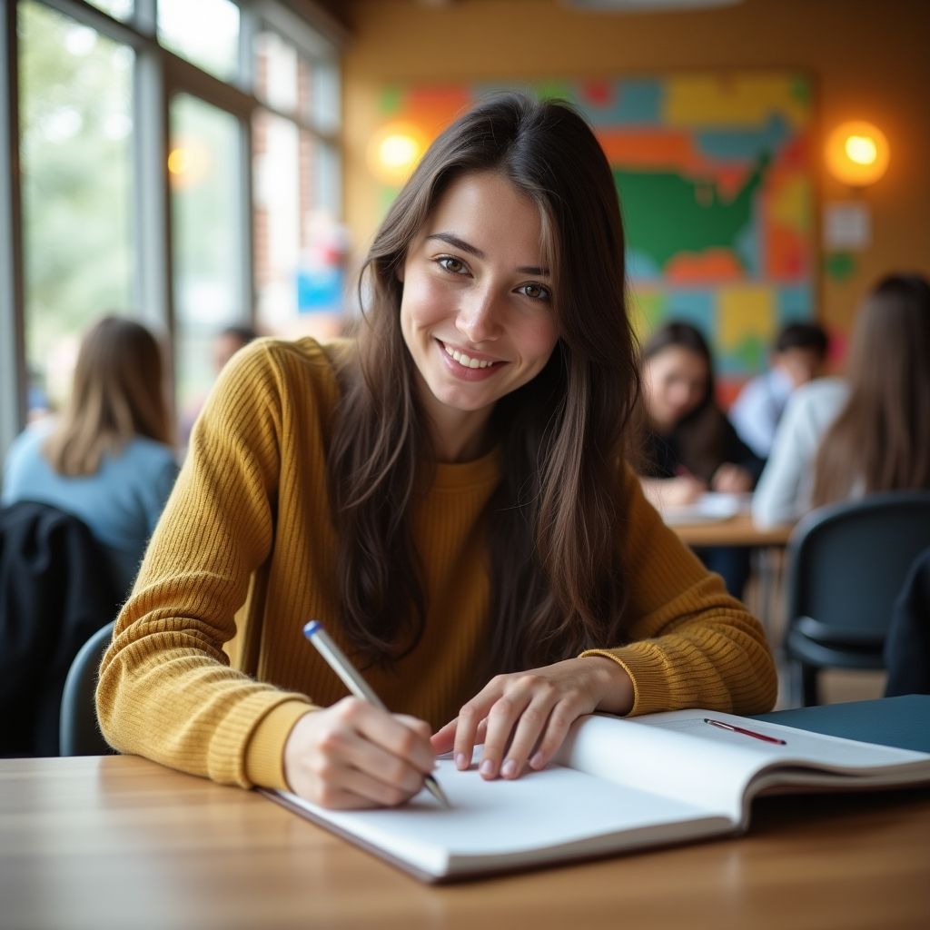 University student writing in a colorful academic setting.