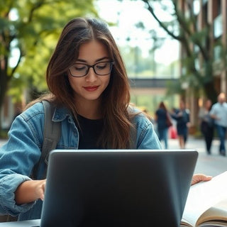 University student in a lively campus setting with books.