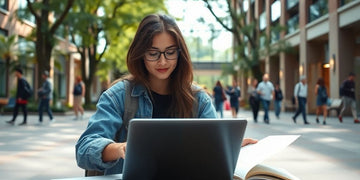 University student in a lively campus setting with books.