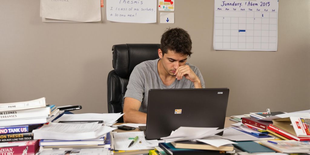 Student studying intensely at a desk full of books.