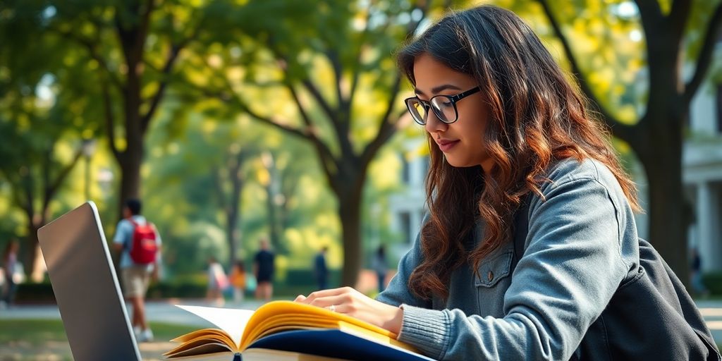 University student studying in a vibrant campus environment.