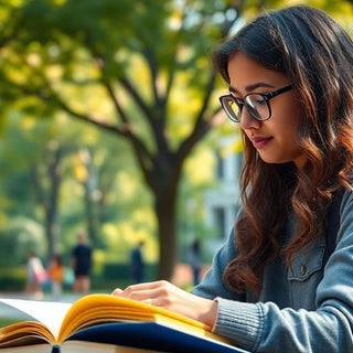 University student studying in a vibrant campus environment.