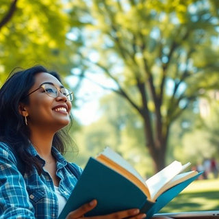 University student in a vibrant campus with books and laptop.