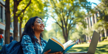 University student in a vibrant campus with books and laptop.