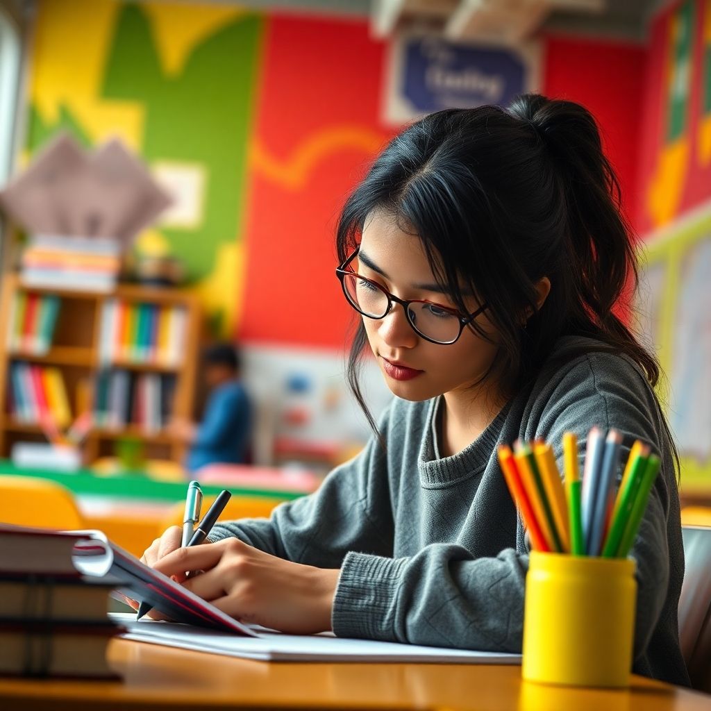 University student writing in a vibrant, colorful study space.