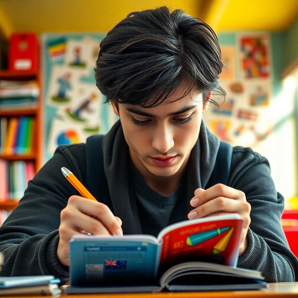 University student writing in a colorful study environment.